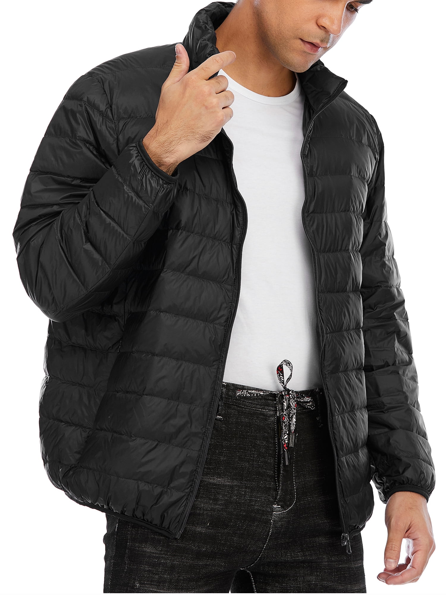 Mens Long Sleeve Solid Color Down Jacket Coats Winter Zipper Warm Down Jackets Packable Light Coat S-3XL