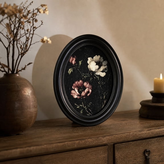 Aonerit 5x4in Black Framed Floral Print, White Rose Oval Art, Classic Home Wall Decor, Living Room Bedroom Display