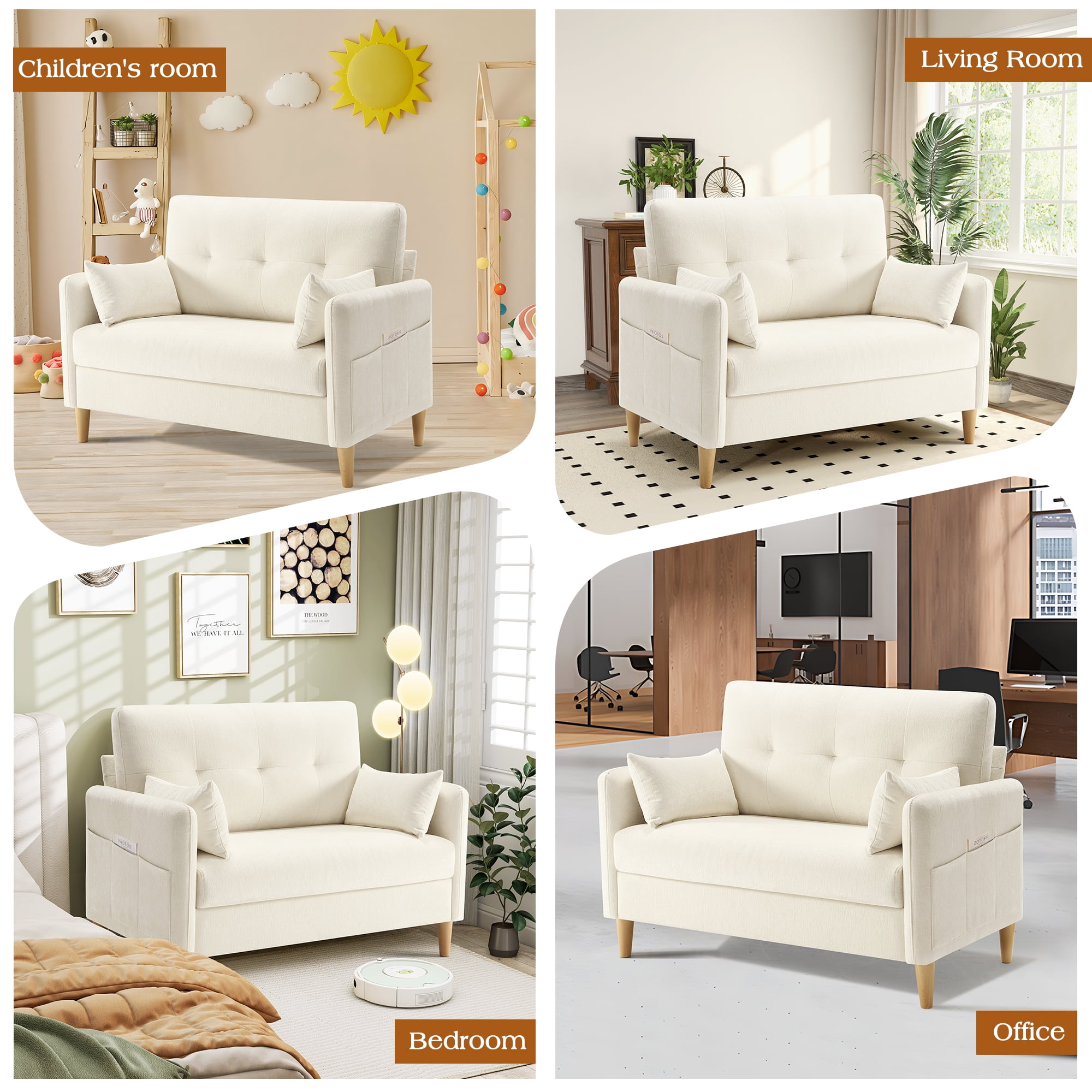 BedLuxury 47'' Wide LoveSeat, 2-seat Chenille sofa with 2 Pillows for Living Room and Small Spaces, Beige