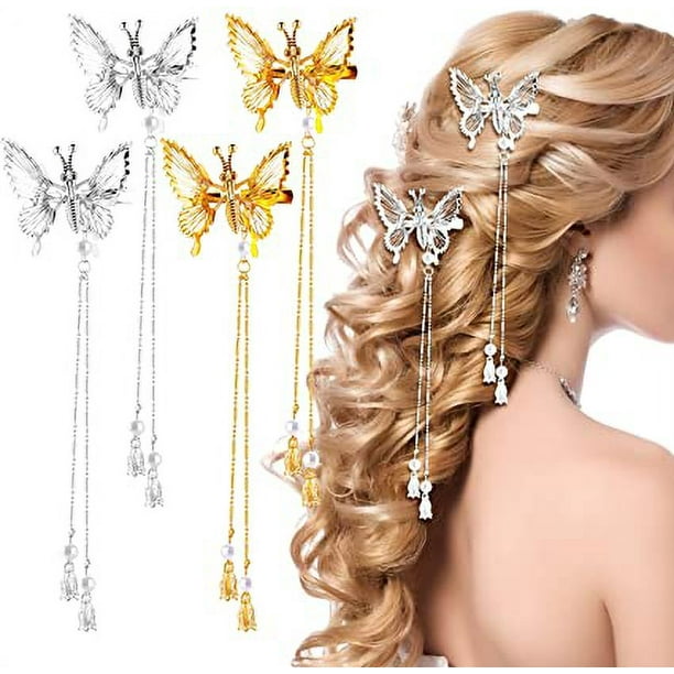 Juego de 4 pinzas para el cabello de mariposa de aleación brillante con borlas de mariposa 3D - Mujeres y niñas - Accesorios para el cabello de boda (oro+plata) Sincero Electrónica