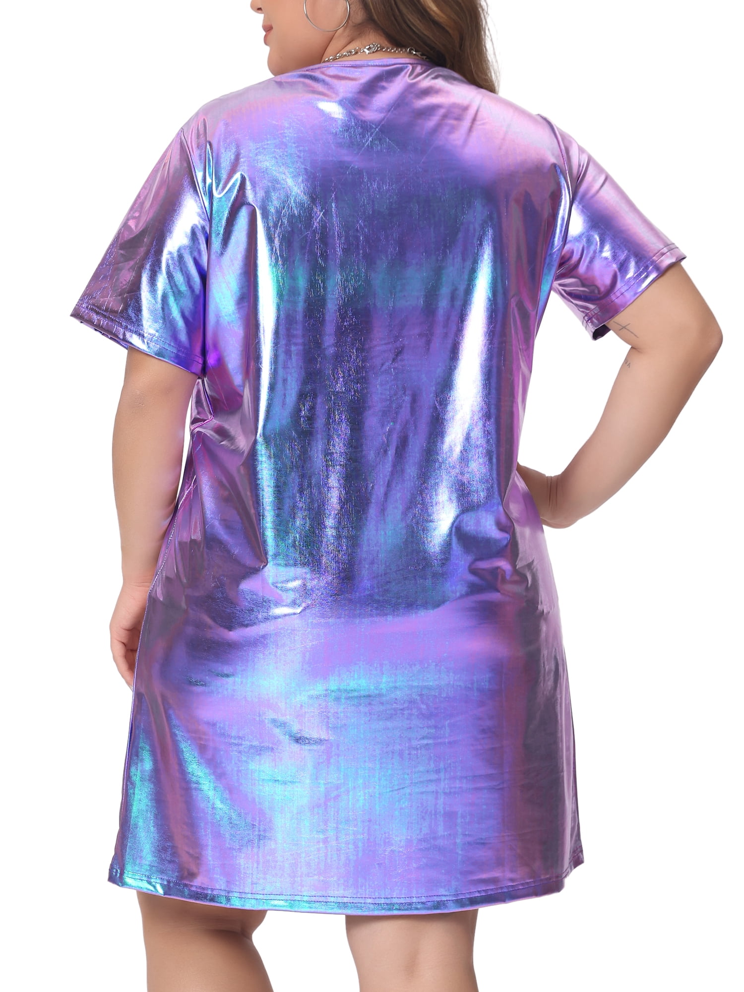DARING DIVA Women's Plus Size Metallic Round Neck Mini Dress 1X Purple