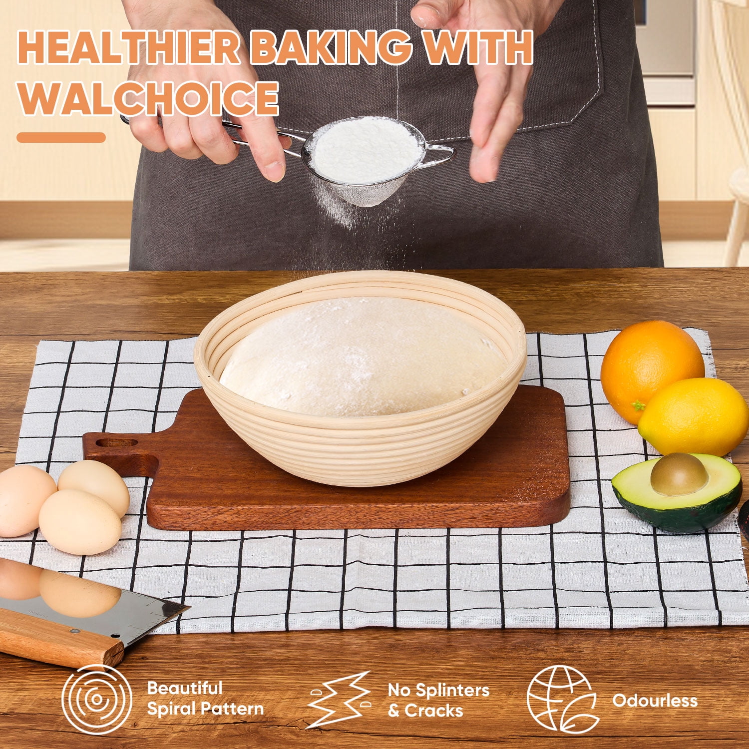 Walchoice Sourdough Bread Proofing Basket Set of 2, 9 Inch Round Dough Proofing Bowls, Sourdough Bread Baking Supplies for Bakers, Handmade Rattan Baskets with Liners