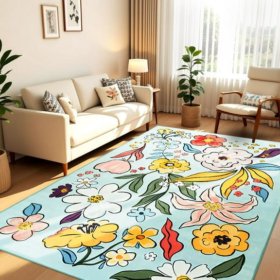 Wellber Modern Area Rugs Floral Rugs Flower Print Carpet for Bedroom Living Room Office Nursery Home Decor,4'x6',Green