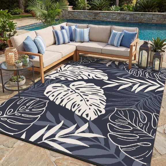 SIXHOME Outdoor Rug 8'x10' Waterproof Reversible Patio Rug Boho Geometric Indoor Outdoor Rugs Lightweight Plastic Straw Ourdoor Carpet for RV Camping Deck Balcony Modern Porch Decor Blue