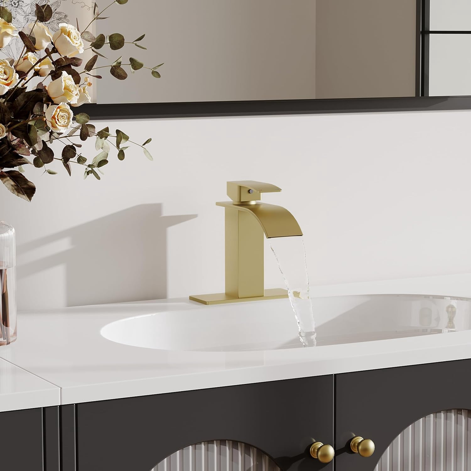 RUACQ Waterfall Bathroom Faucet,Single Handle Bathroom Sink Faucets for 1 or 3 Hole, Stainless Steel Washbasin Mixer Tap with Deck,Pop-up Drain and Supply Hoses (Gold)