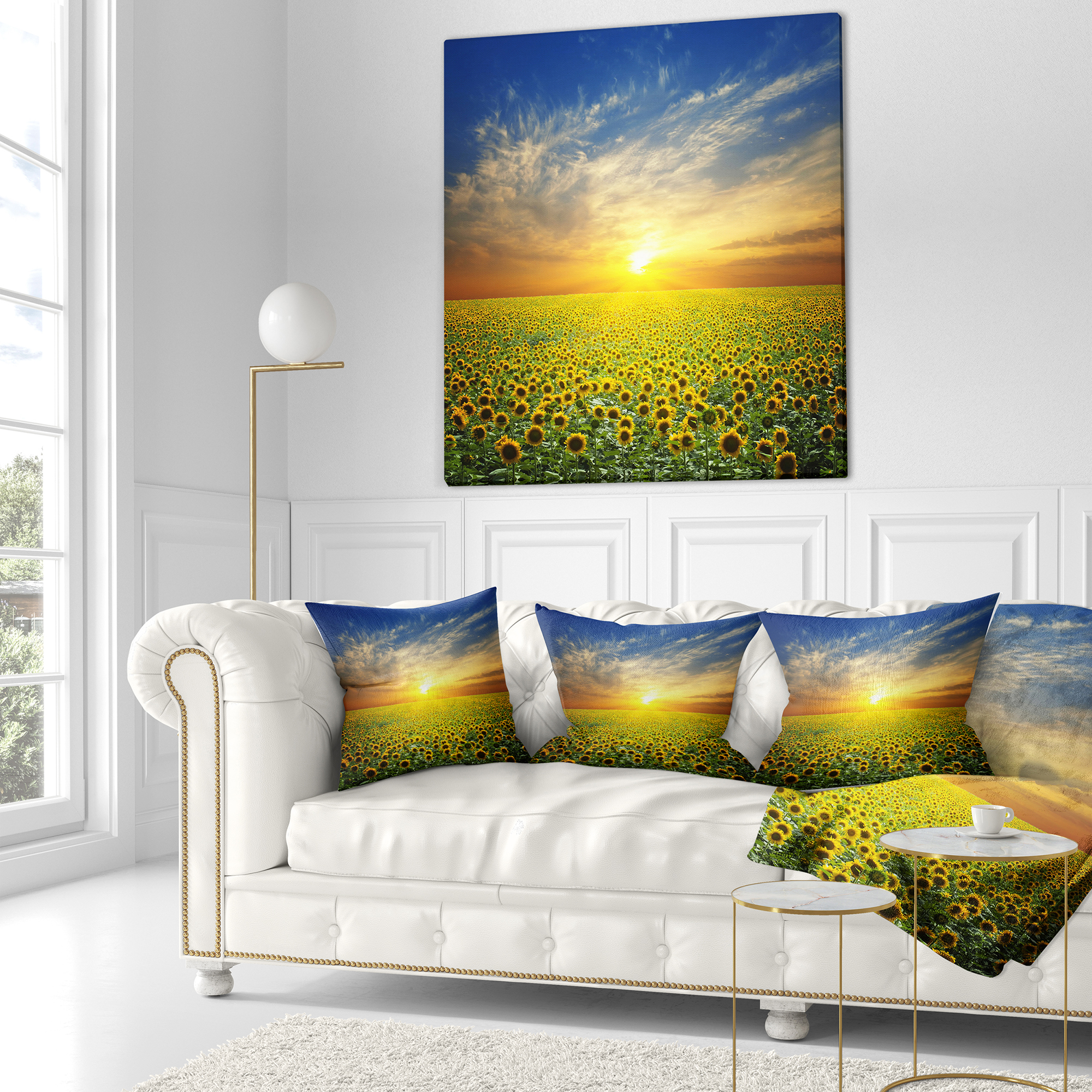 Designart Beauty Sunset over Sunflowers Field - Floral Throw Pillow - 18x18