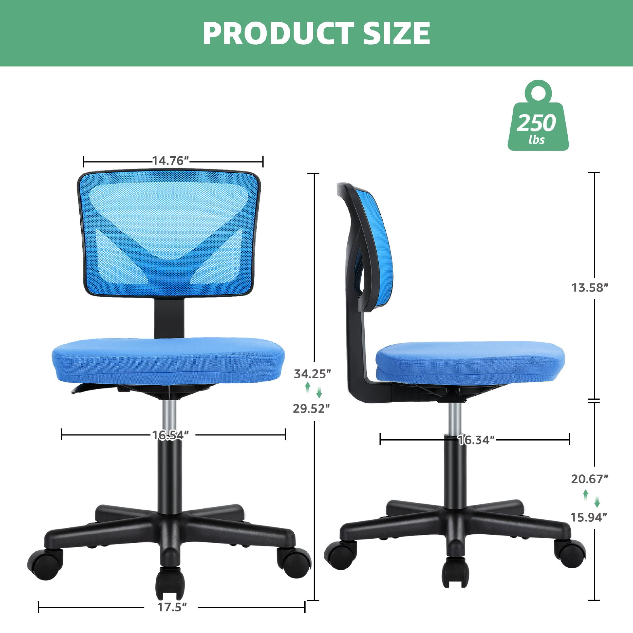 CONCETTA Armless Office Computer Desk Chair, Ergonomic Low-Back Mesh Rolling Work Swivel Chairs with Wheels,  Blue