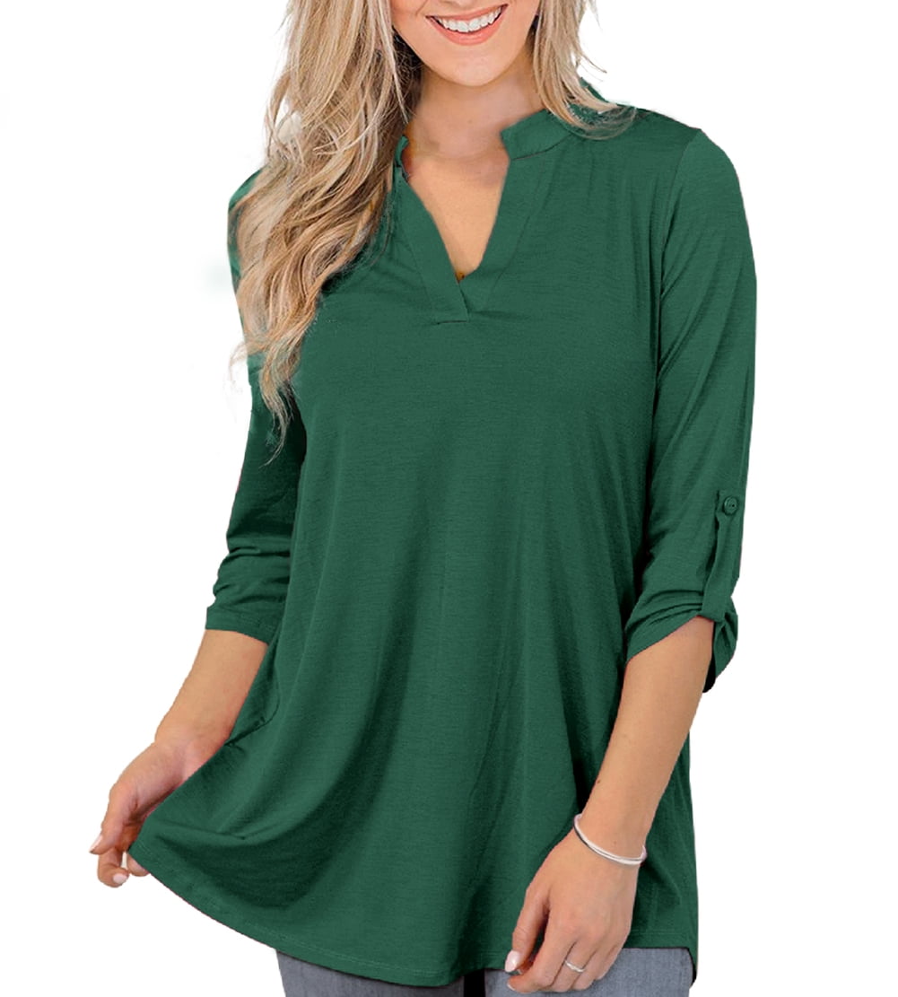 CPOKRTWSO Womens Floral Printed Tunic Tops 3/4 Roll Sleeve V Neck Blouses Long Sleeve Shirts for Women
