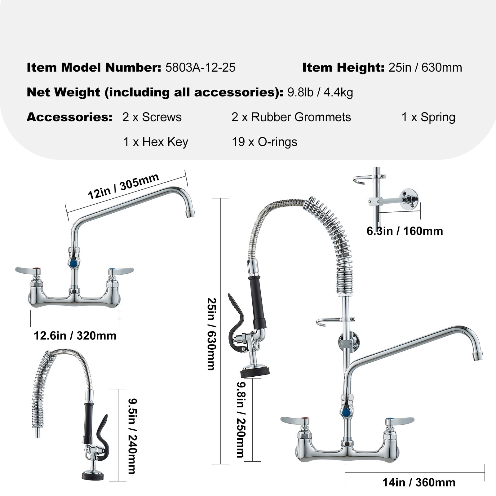 KFFKFF 25" High Commercial Kitchen Wall Mount Sink Faucet Pre-Rinse Sprayer
