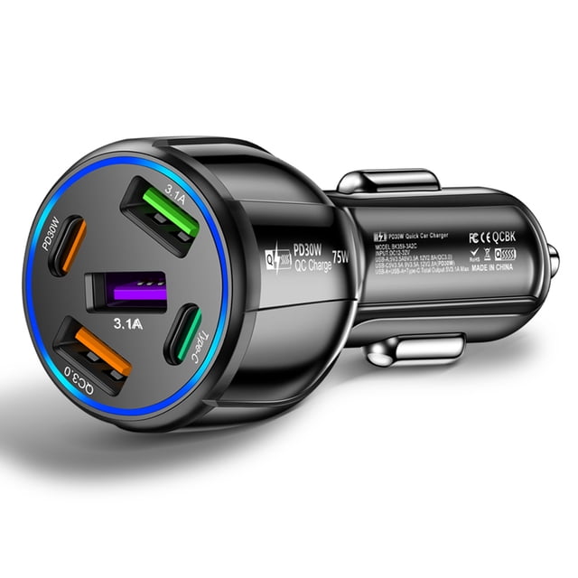 Cargador coche 5 puertos 75W USB 3.1A Tipo-C USB QC3.0 PD30W Cargador (Negro)
