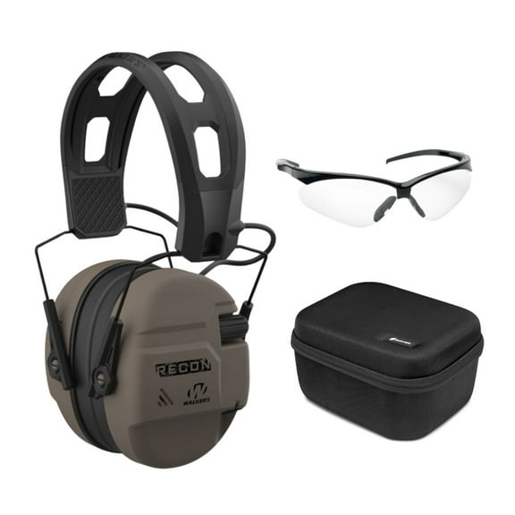 Walker's Recon Digital Low Profile Ear Muffs IPX4 Water Resistant (Flat Dark Earth) Bundle with Shooting Glasses and Hard Case (3 items)