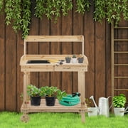 Outsunny Natural Solid Wood 36" Potting Bench, 2 Removable Wheels with Sink & Drawer