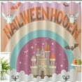 thumbnail image 1 of Whimsical Halloween Castle Shower Curtain - Pastel Colors, Bats & Pumpkin Decor, 1 of 4