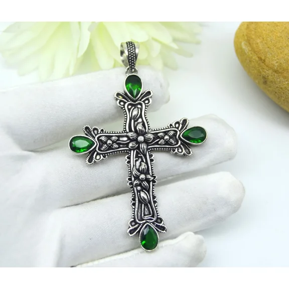 Chrome Diopside Gemstone Handmade 925 Sterling Silver Polished Jewelry Pendant Size 2.5"