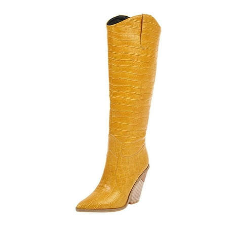 

Fesfesfes Knee Boots For Women Pointed Toe High Fall And Winter Embossed Wood Grain Thick Heel High Heel Women s US:9.5-10(42)