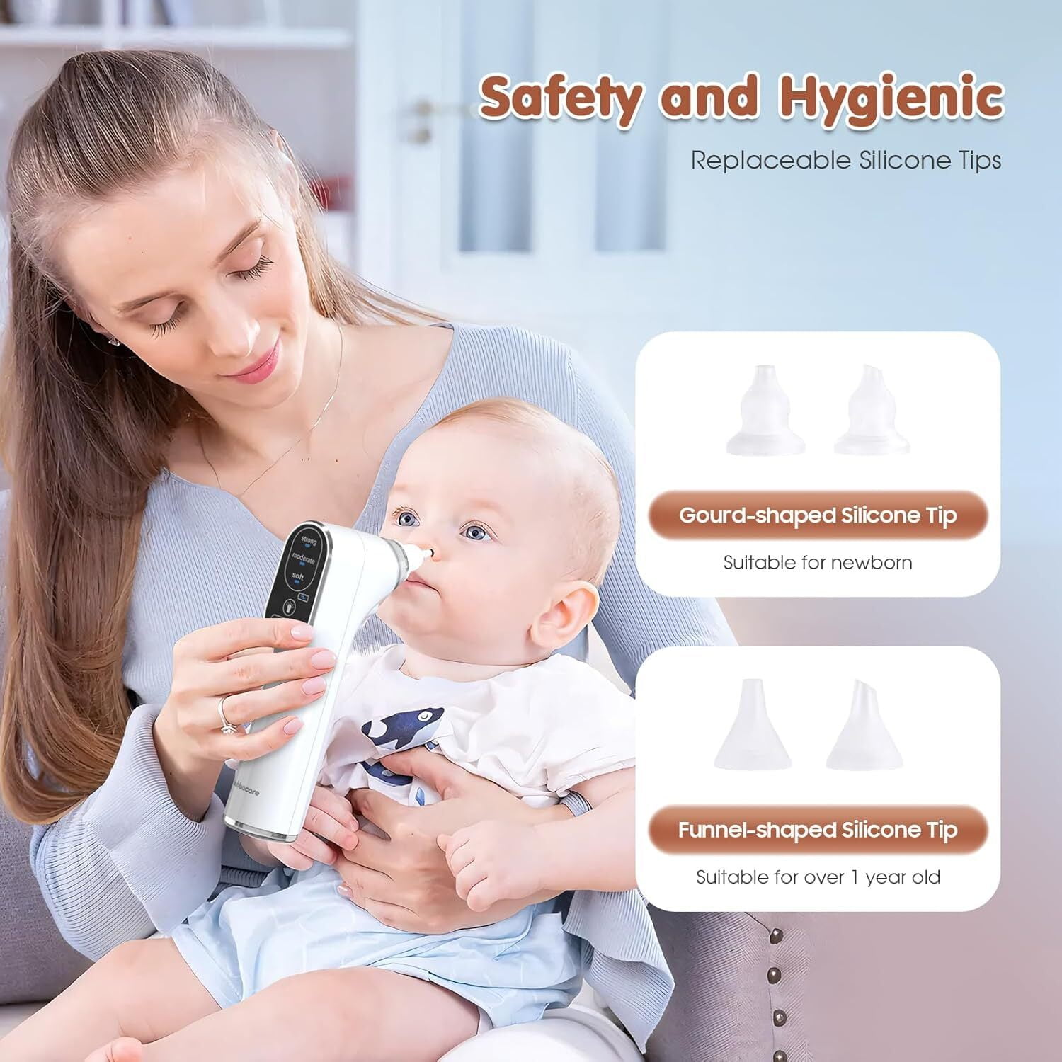 Baby Nasal Aspirator, Electric Nasal Aspirator for Baby with LED Light, Baby Nose Cleaner with 4 Silicone Nozzles & 3 Suction Levels, Rechargeable Nose Sucker for Newborn, Toddler and Infant