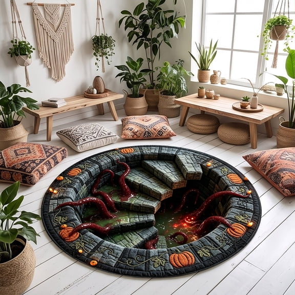 Black 80cm Round Quilted 3D Optical Illusion Rug Soft Floor Mat For Halloween Living Room Entryway Household Decor