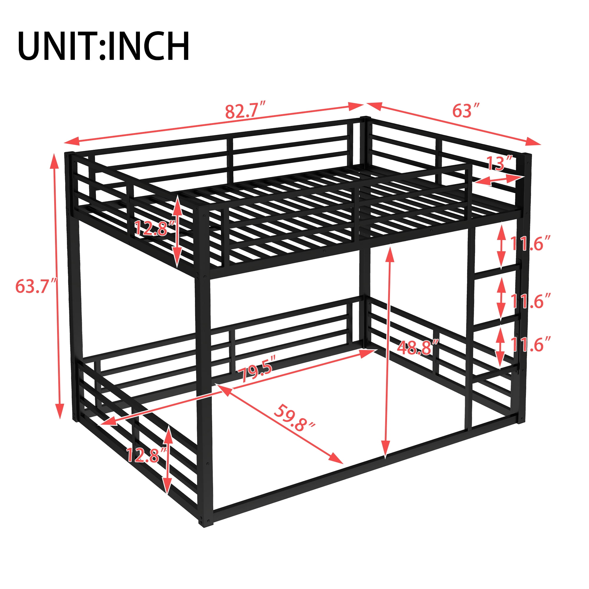Leumius Metal Bunk Bed,Queen over Queen Bunk Bed Frame for Kids/Teens/Adults,Space-Saving/Noise Reduced/No Box Spring Needed,Black