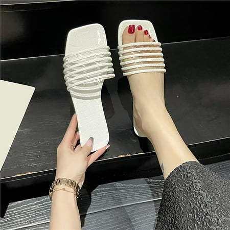 

PEASKJP Slippers for Women Indoor And Outdoor Ladies Summer Square Head Flat Bottom Lightweight Woven Sandals Thong Strappy Summer Shoes White 8.5