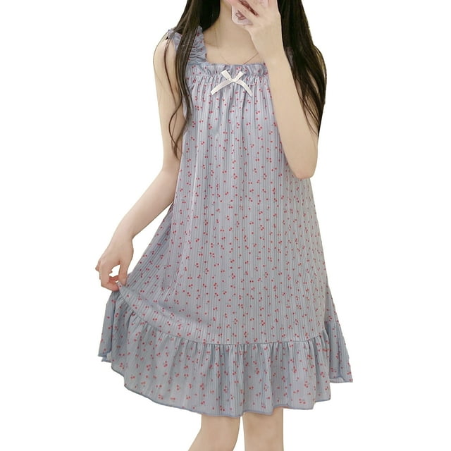Mujeres impreso camisón amplia tira volantes Sling chaleco vestido de sueño super suave sin mangas camisón loungewear vestido