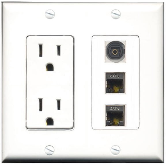 RiteAV - 15 Amp Power Outlet 2 Port Shielded Cat6 Ethernet Ethernet 1 Port Toslink Decorative Wall Plate