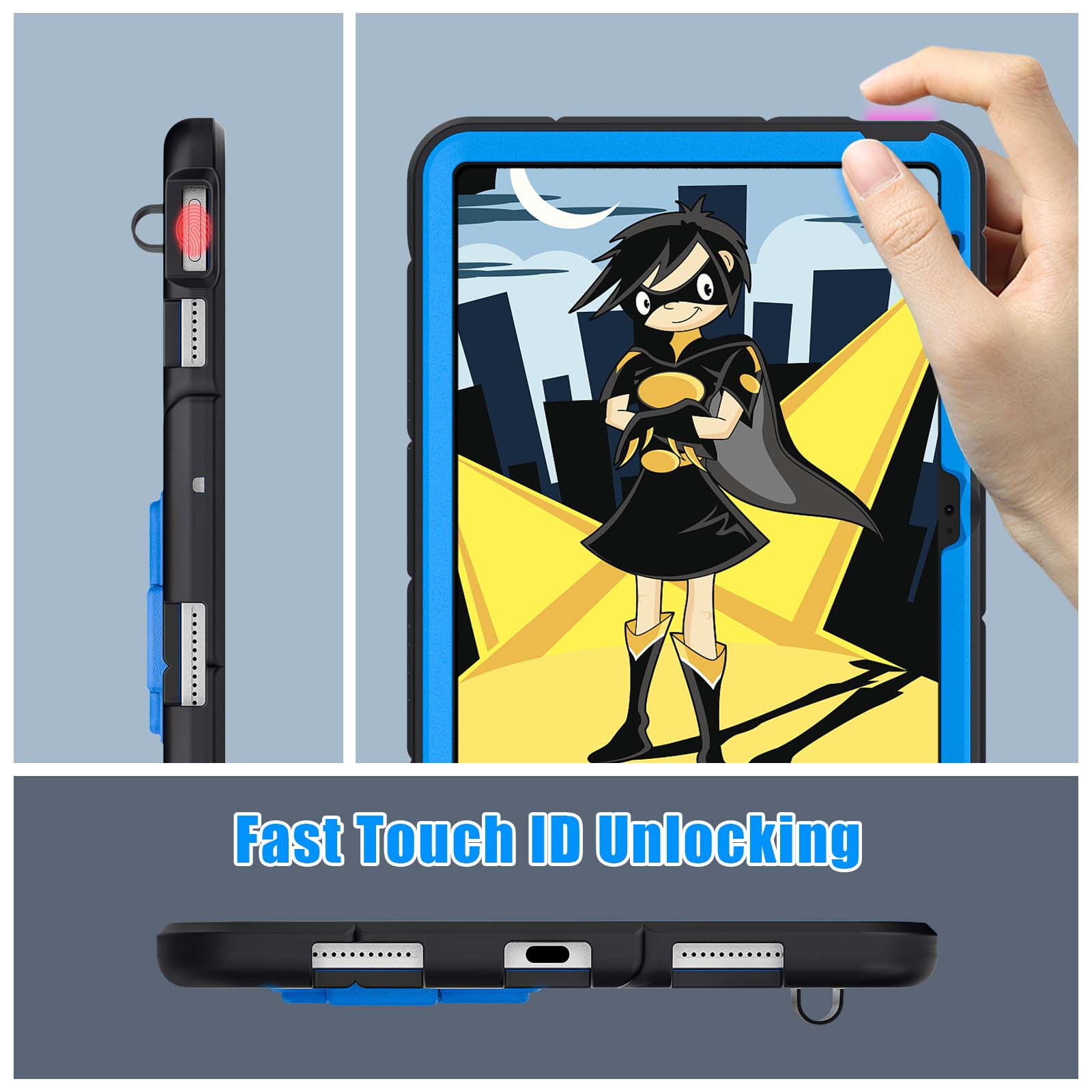 Dteck iPad 10th Generation Case iPad 10.9 Case 2022 New iPad 10th Gen Case for Kids 10.9 Inch Shockproof Protective Cover with Pencil Holder & Shoulder Strap & Kickstand for Kids Children,Black + Blue
