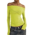 thumbnail image 1 of Long Sleeve Off Shoulder Top Women Elegant Pure Color Slim Fit Mesh Ruched T Shirt Blouse For Party, 1 of 5
