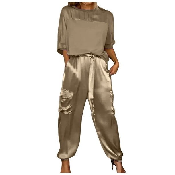 Conjunto de top y pantalones de satén suave de manga media para mujer: conjunto de pijama informal de verano, ligero, diseño estampado, versátil para todas las estaciones
