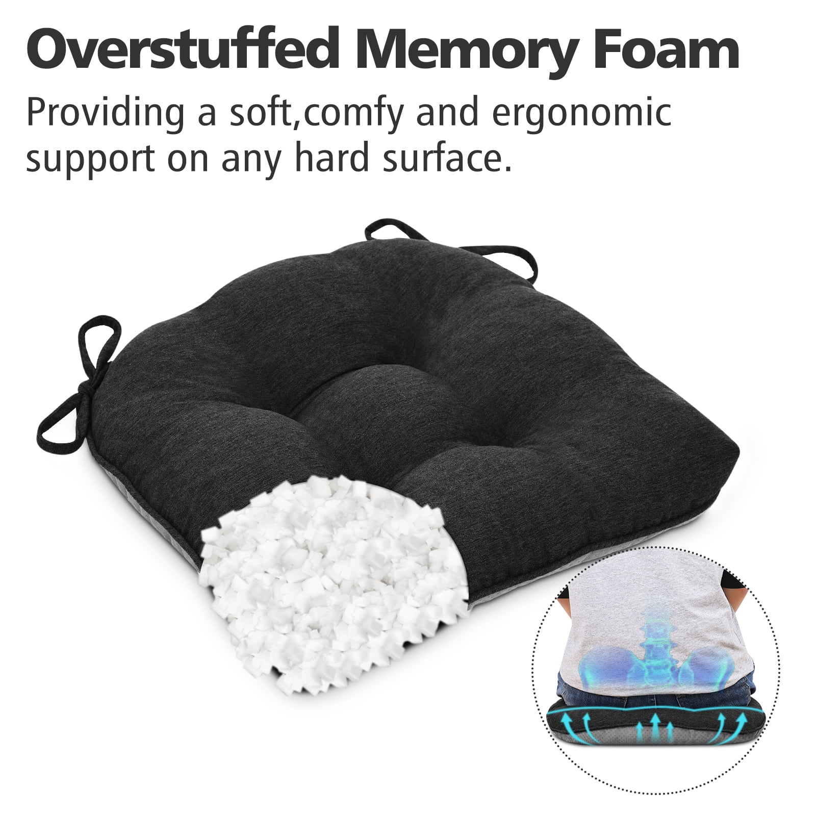 Shinnwa Chair Cushions for Kitchen Chairs Memory Foam Tufted Dining Chair Pads with Ties Non Slip Seat Cushions, Set of 4, Black