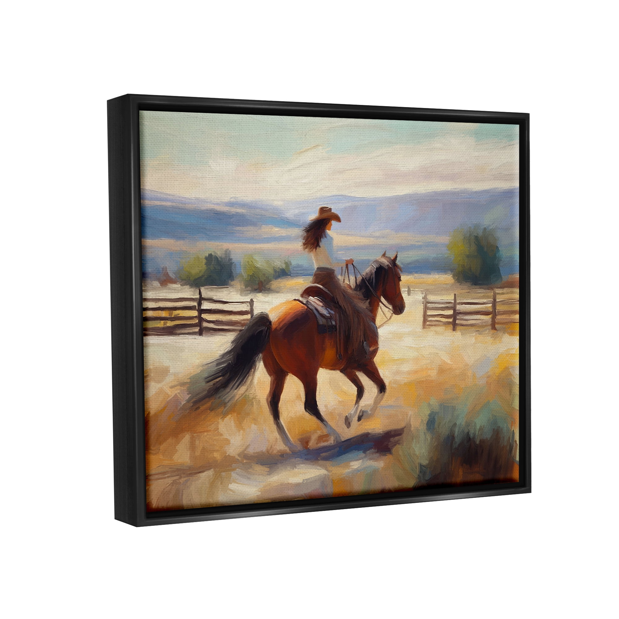 Stupell Industries Galloping Cowgirl Landscape Animals & Insects Painting Black Floater Framed Canvas Art Print Wall Art, 31 x 25
