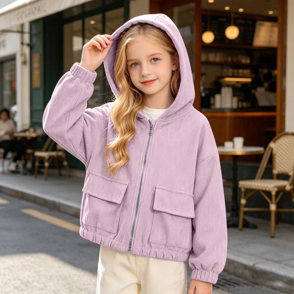 Girls Pink Corduroy Jacket Cropped Hooded Zip-up Lightweight Fall Outerwear,Size 10 T