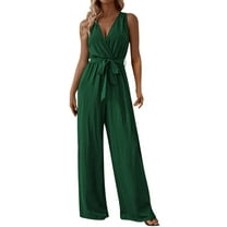 Women's Formal Jumpsuits, Belted Wide Leg Jumpsuit, Summer Sleeveless Wrap V-Neck Long Romper Beach Vacation One-Piece Summer Outfits Fashion Overalls New Green XL