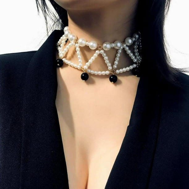 Collar de Gargantilla de Perlas Yinane con Colgante de Múltiples Capas para Mujer Boda Novia Negro