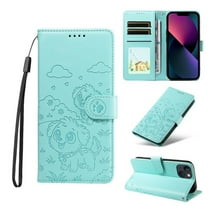 For iPhone 14 Plus Litter Dog Embossing Leather Phone Case with RFID Blocking Card Slot Wallet Magnetic Clasp Lanyard Flip Stand Case,green,For iPhone 14 Plus