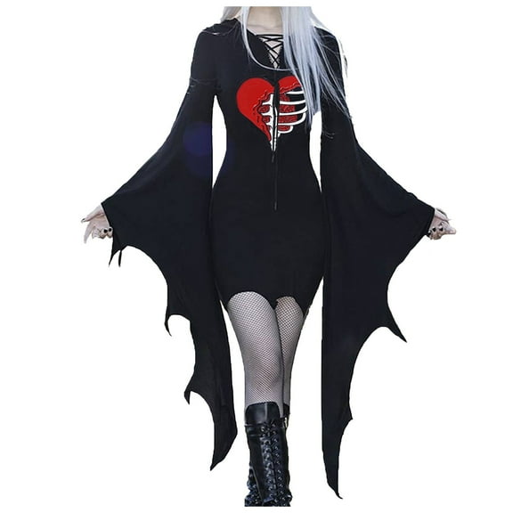 Womens Summer Dresses Fashion Vintage Flared Sleeve Dress Gothic Dress Performance Spring Dress Black L
