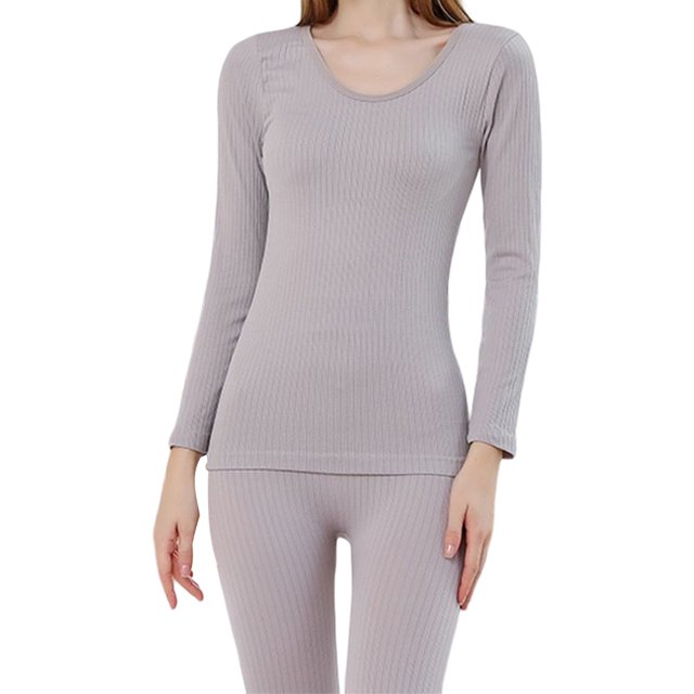 Qarigey Ropa interior térmica elástica sin costuras de manga larga, pantalones superiores sólidos transpirables de cuello , ropa de invierno conjuntos de ropa Gris
