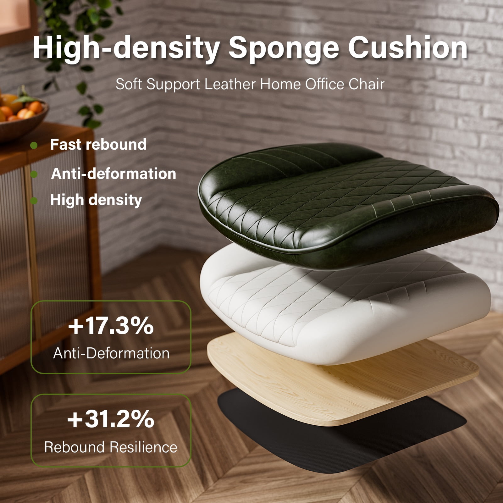 Ninecer Green Leather Office Chair with Wheels Adjustable Height Padded Arms Vintage Executive Desk Chair for Home Office