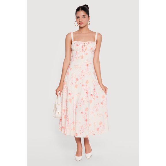 Women's Floral Sweetheart Neckline Lace Up Back Midi Dress