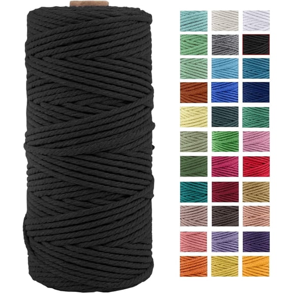 Macrame Cotton Cord 3mm x 109Yards,Black Natural Macrame Rope, Macrame Supplies, Cotton Rope for Crafts, Macrame Plant Hangers DIY Crafts (Black, 3mm*109Yards)