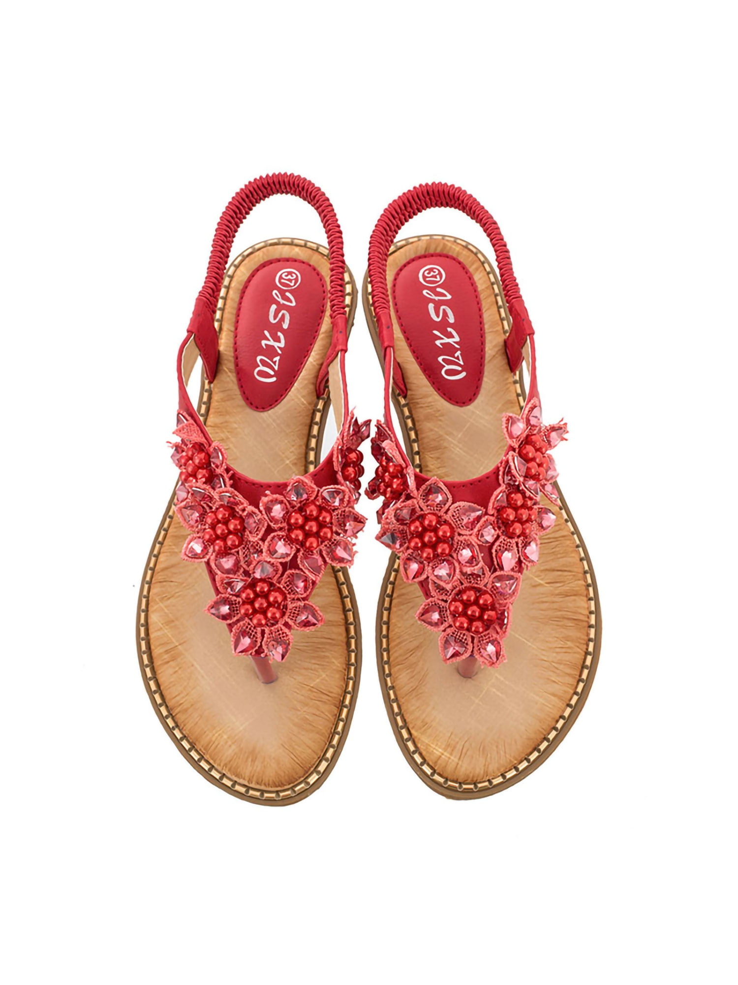 Women's Strappy Flat Sandals - Dressy Round Toe Thong Sandals With Metallic Bead (Brown/Gold)