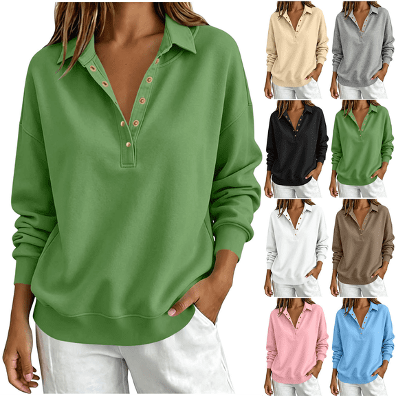 Zeijnsda Sweatshirts for Women Oversized Loose Solid Color Shirts Women's Fashion Lapel Button Up Shirts Spring Autumn Hoodless Sweatshirts