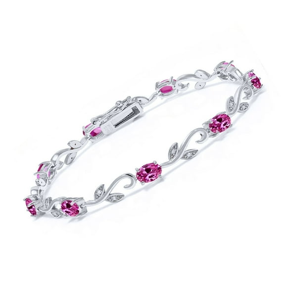 Gem Stone King 925 Sterling Silver Pink Created Sapphire and Diamond Greek Vine Tennis Bracelet for Women (4.63 Cttw, 7 inch, Oval 6X4MM)