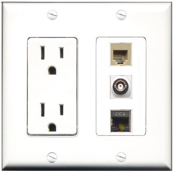 RiteAV - 15 Amp Power Outlet 1 Port Phone Beige 1 Port Shielded Cat6 Ethernet Ethernet 1 Port BNC Decorative Wall Plate