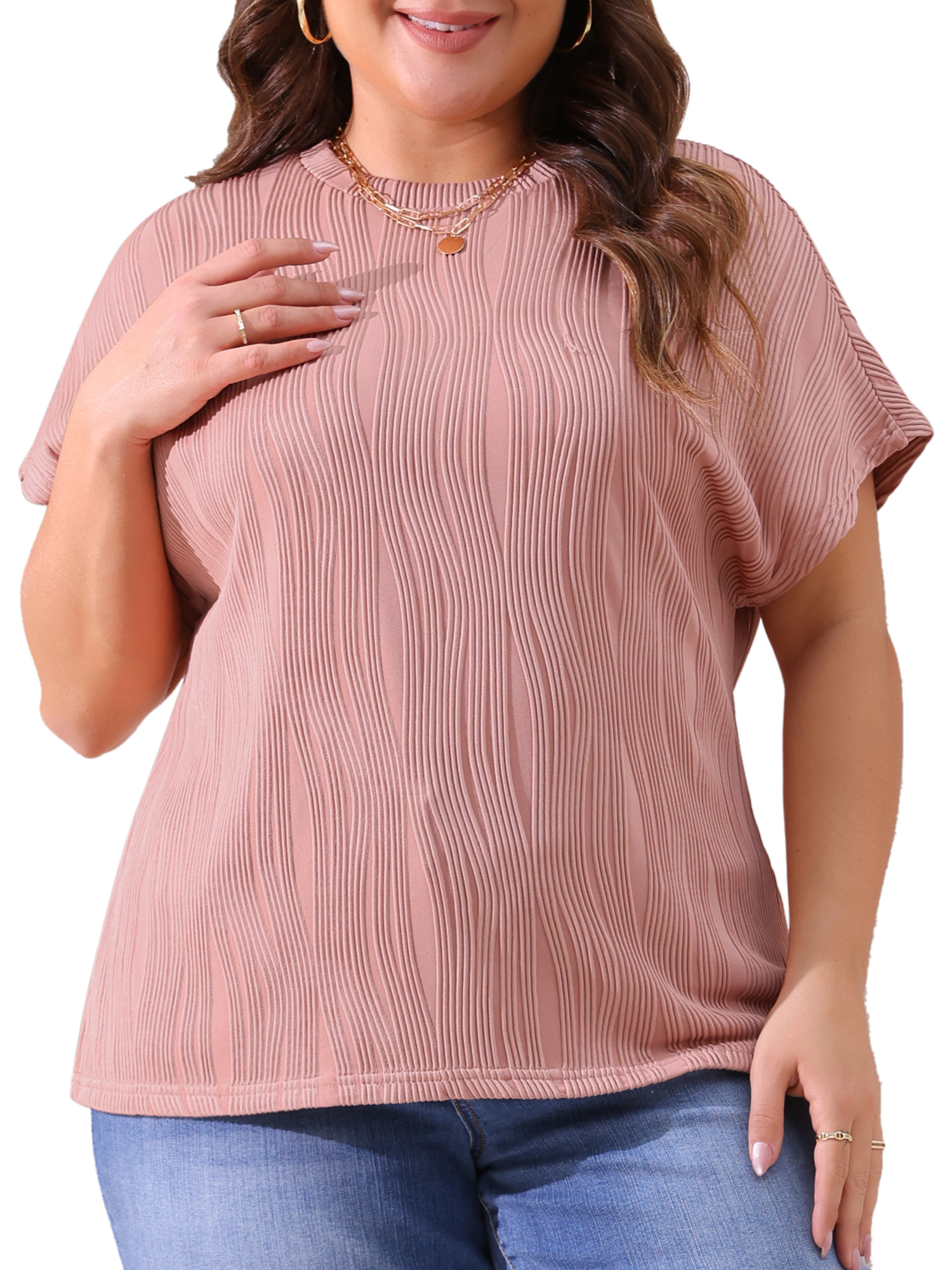 Women's Plus Women's Short Sleeve Textured Tops Crewneck Casual T Shirts 1X Pink