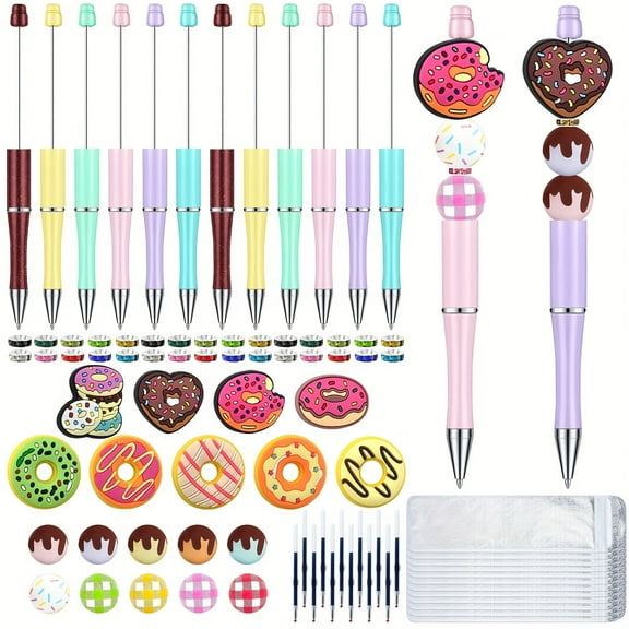 117 Pieces Donut Beadable Pens Bulk with Candy Focal Silicone Beads for DIY Pen Making Kit Smooth Writing Ballpoint Pen for Women Office Gifts