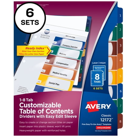Avery Ready Index 8 Tab Dividers, Customizable TOC, 6 Sets (12172)