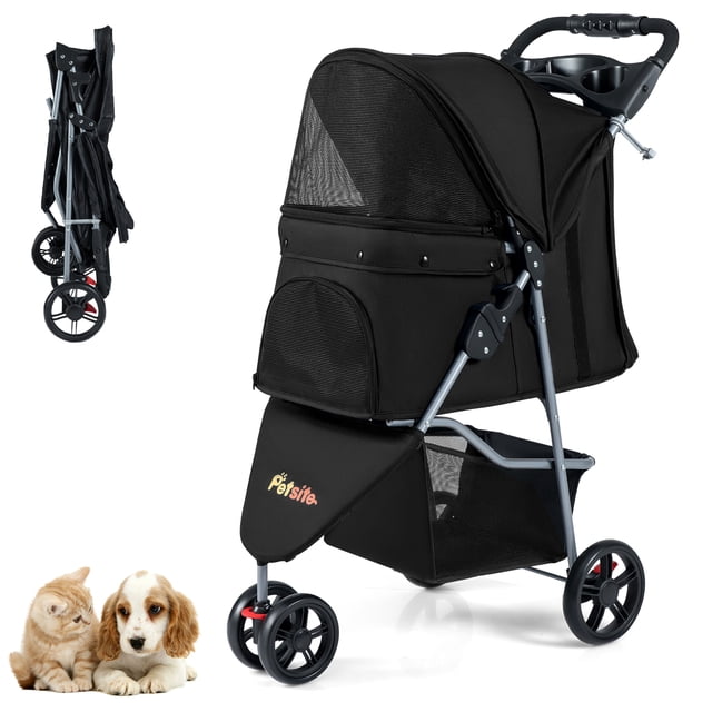 Gymax Poussette pour Animaux Pliable, Chariot pour Chat Réglable avec Auvent Ajustable, 3 Roues Amortissantes, Noir