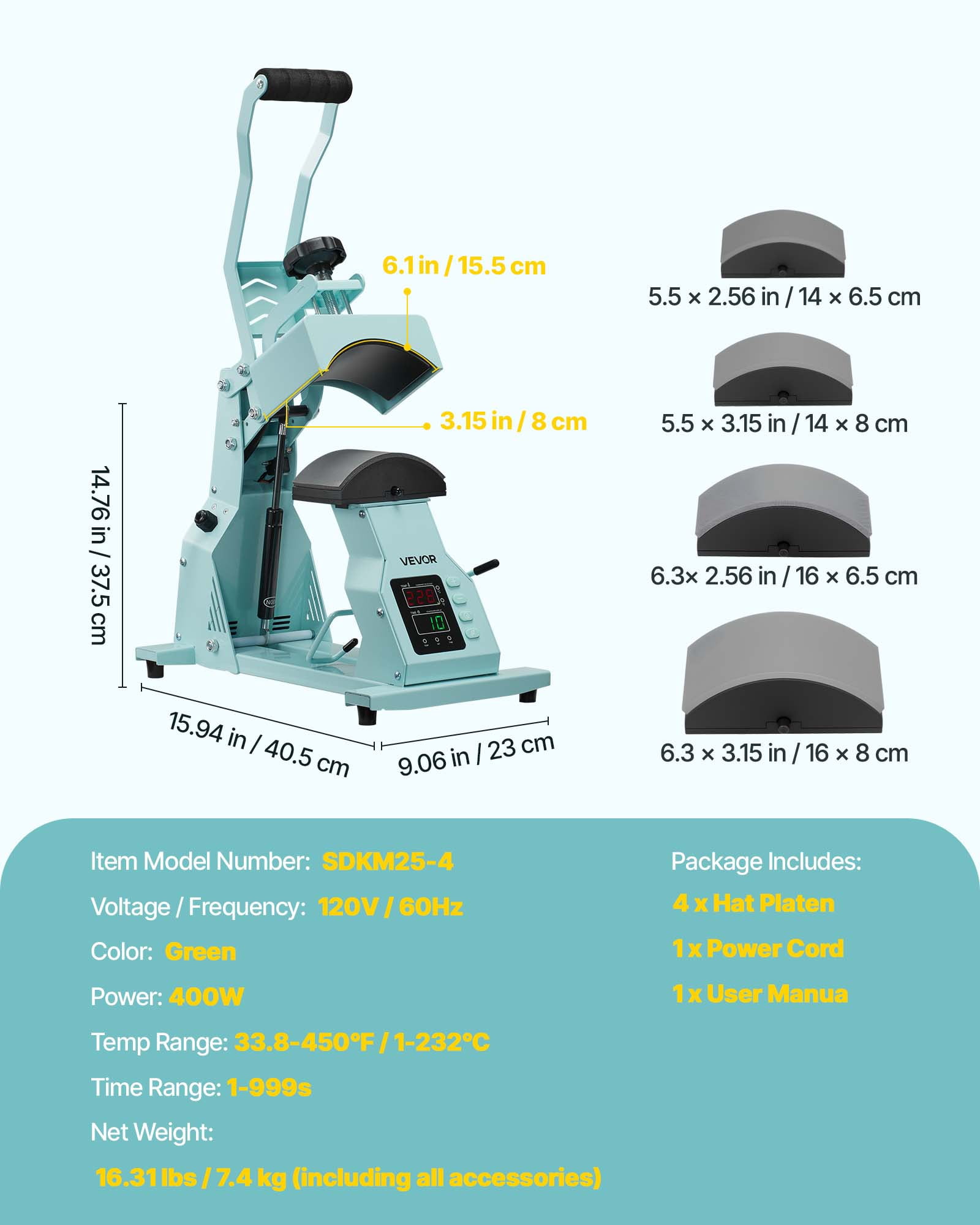VEVOR Hat Heat Press Machine, with 4pcs Interchangeable Platens, Precise Temperature and Time Control, Hat Press for HTV Iron On and Sublimation Projects, for Caps,Headbands,Cuffs,Face Masks,Green