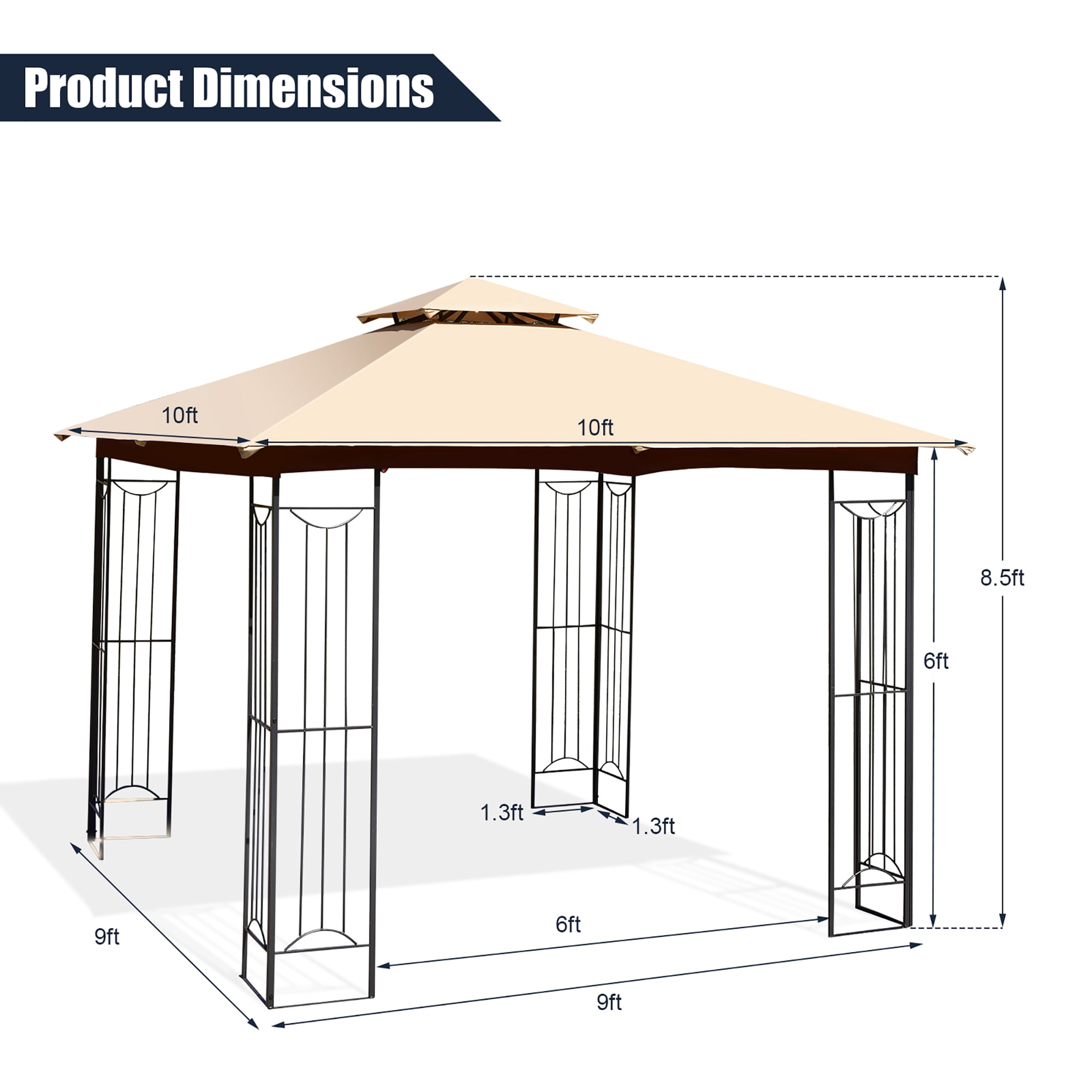 Costway 10' x 10' Patio Canopy Gazebo Outdoor 2-Tier Steel Tent Heavy-Duty L-Shaped Beige