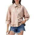thumbnail image 4 of DAFPZW Womens 3/4 Length Sleeve Shirt Striped Button Down Loose Fit Blouses Drop Shoulder Trendy Ruffle Hem Striped Tops, 4 of 8